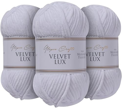 Utopia Crafts Velvet Lux Chenille supermjukt tjockt garn för stickning och virkning garn 3 x 100 g (vit)
