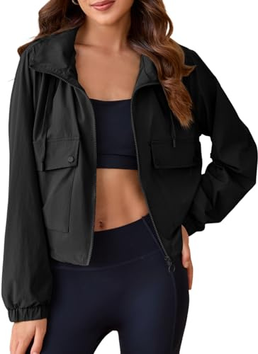 Tankaneo Womens Lightweight Cropped Jackets Hooded Long Sleeve Zipper Anorak Coat with Pockets