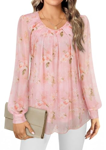 Gemulate Women's Blouses Ladies Long Sleeve Tops Chiffon Tops for Women UK Crew Neck Pleated Front Loose Fit Ladies Top Flowy Double Layered Mesh Shirts M-3XL