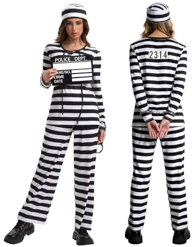 Charmofun Disfraz Prisionero Mujer, Traje Prisionero Mujer Conjunto de Vestito Preso Adulto con Camiseta y Pantalón a Rayas, Esposas y Placa de Identificación para Carnaval Halloween (L)