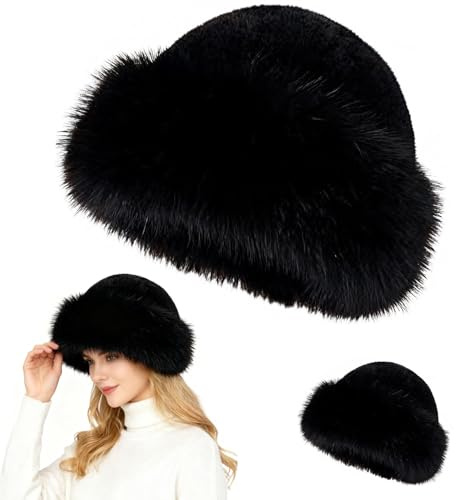 Faux Fur Bucket Hat, Womens Winter Plush Fluffy Furry Mink Hats Warm Thickened Fisherman Cap for Girls Women Black