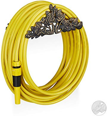 Relaxdays Schlauchhalter Antik, Gartenschlauchhalter mit Rosenmotiv, Gusseisen, zum Hängen, HBT 13 x 27 x 15 cm, bronze