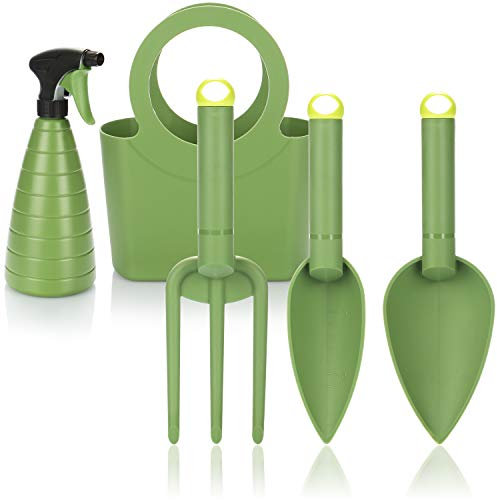 com-four® Set de Herramientas de jardín – Herramientas Ligeras y prácticas para niños y Personas Mayores – con pulverizador y Bolsa de Transporte – Herramientas Resistentes (5 Piezas Verde)