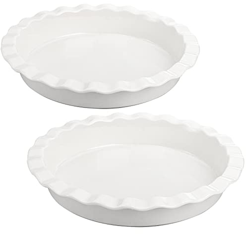 Foraineam Porcelain Pie Pan for Baking, Oven Safe Pie Plate Baking Dish, 9 Inches Round Deep Dish with Ruffled Edge, Set of 2