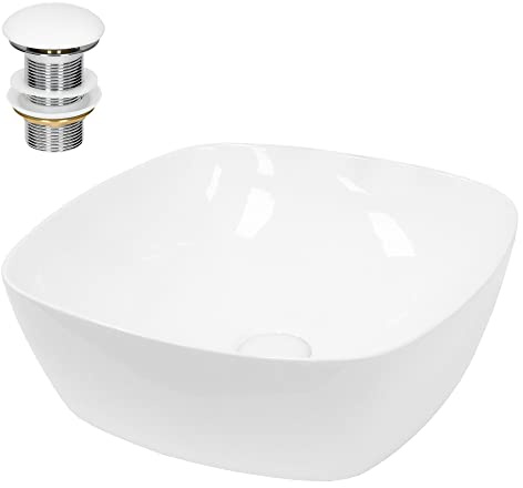 ECD Germany tvättställ, 405 x 405 x 140 mm, vit, gjord av keramik, inklusive avloppsarmatur för utan bräddavlopp, bänkhandfat, tvättställ, handfat
