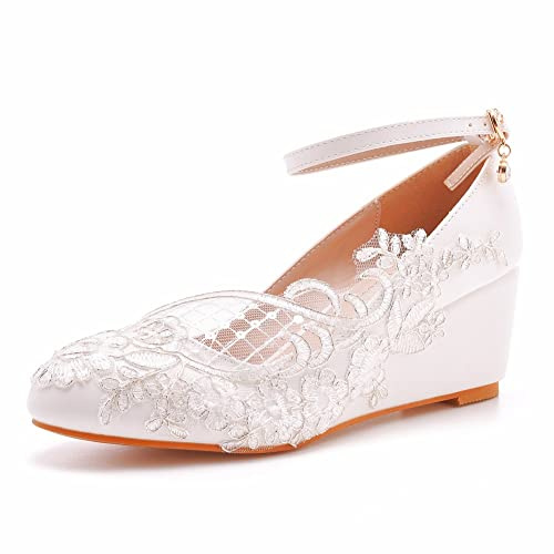 White Lace Wedding Shoes Wedges 5.5CM High Heels Strap Ladies Bride Party Dance Pumps Dress Shoes,White,6 UK