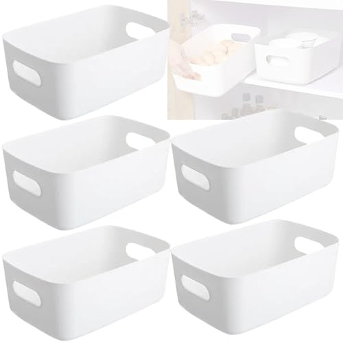 Pack of 5 Storage Baskets with Handle – Rectangular Home & Kitchen Organiser Strong Plastic Cupboard Storage Boxes 3 sizes (Large (30 x 20.5 x12.5 cm), 5 Pcs White)
