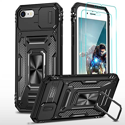 YmhxcY Hülle Für iPhone 7/8/SE 2020/2022 Hülle,*2 Displayschutzfolie,Slide Camera Cover, Militär Grade Schutzhülle, 360°Drehen Metallständer,Für iPhone 7/8/SE 2020/2022 Hülle-Schwarz