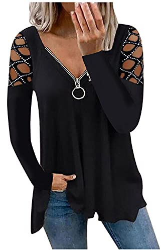 Sexy Damen Top Damen Elegant T-Shirt mit V-Ausschnitt Vintage Aesthetic T-Shirt V-Ausschnitt Farbe Paillettenärmel Fach Frauen Lange Lässige Ombligo Sexy Bluse Kragenobers Frauen-Bluse, Negro , XL