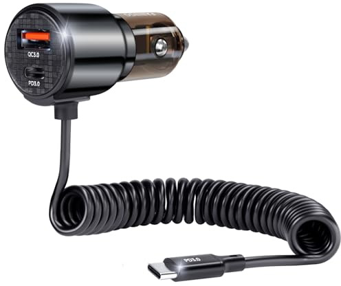Faninso 110W Retractable Car Charger, 3‑Port Cigarette Lighter Adapter, 5.7 ft Retractable USB‑C Cable, Car Charger USB C Fast Charge for iPhone 17/16/15 Series, Galaxy S25/S24 and More