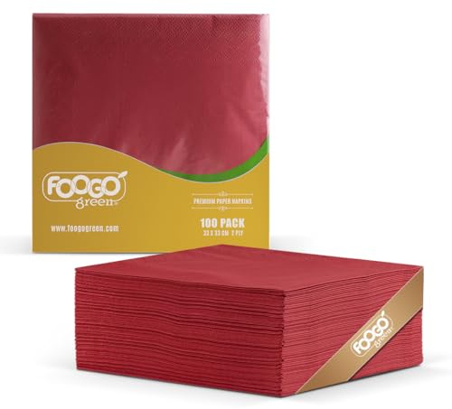 FOOGO Green 100pcs Elegant Red Paper Napkins, FSC® Certified, 33 x 33 cm, 2 Ply Strong Serviettes, Fully Home Compostable, Super Soft Paper Tissues, Cocktail Disposable Napkins