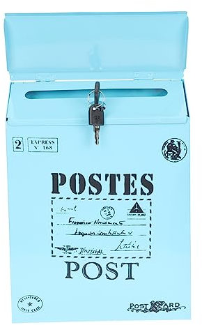 SOESFOUFU Wall Mount Letter Box Iron Mailbox with Lock Vintage Style Blue Large Letters Outdoor Wall-mounted Mailbox Secure Lockable Mail Box for Home Mail
