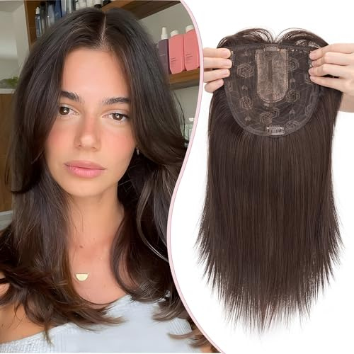 S-noilite Hair Topper Capelli Clip Extension 15 * 15cm Toppers Sintetici per Capelli Sottili Hair Toupet Donna Frontale Extension Lisci Posticci Fringe Toupee,35cm Marrone scuro