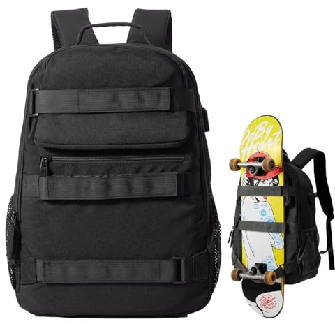 Skateboard Backpack, Large Skateboard Bag for Men and Women Laptop Bag with USB Port, for Skateboarding, College, Travel (Black)