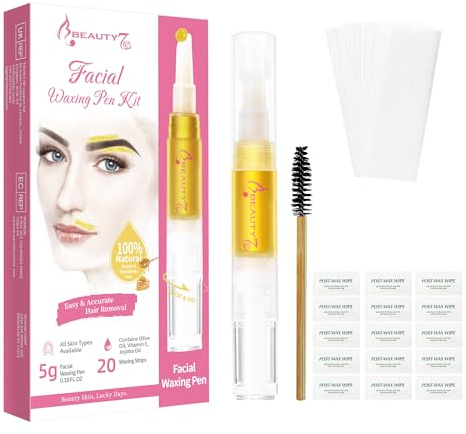 Beauty7 Eyebrow Sugar Wax Pen 5g 100% Natural Formula With 20 Waxing Strips | Surgar Wax Formula No Heat Brow Wax Kit, Facial Hair Removal at Home