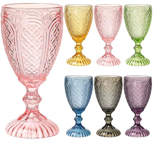 TrophyToast Colored Vintage Wine Glasses Set of 6 – 10.5 Ounces Colored Glass Water Goblets, drinking glasses for Mothers Day, Wedding, Holiday, or Fancy Glassware for everyday