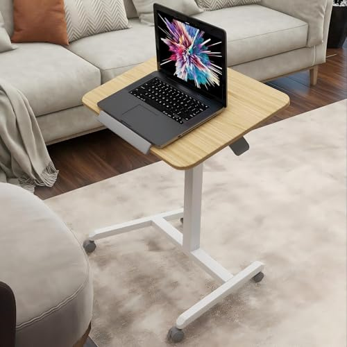 PUNCIA 65x48cm Mobile Standing Desk with 4 Rolling Wheels, Pneumatic Height Adjustable Laptop Computer Workstation 76-111cm, Tilting Desktop Beside Overbed Table for Home Office Natural