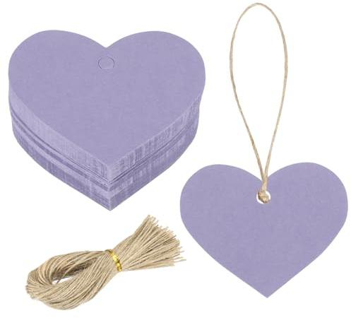 sourcing map 100 etiquetas de regalo de papel kraft con cuerda, etiquetas colgantes en blanco de 2.2 x 2.6 pulgadas, etiquetas de papel en forma de corazón, etiquetas de regalo moradas para etiquetas