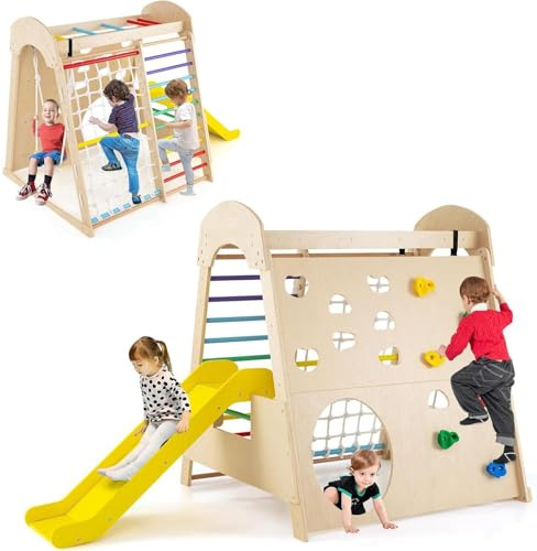 Kids Climbing Frame, Large 8-in-1 Pikler Playground Climber w/Climbing Rock/Net/Ladder, Slide & Swing, Monkey Bars, Crawling Hole, Wooden Montessori Playset, Climbing Toys for Toddlers (Colorful)