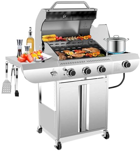 Electactic Barbecue à gaz propane à 3 brûleurs avec brûleur latéral - 34 000 BTU - Grilles en fonte - Portable avec roues pour terrasse, camping
