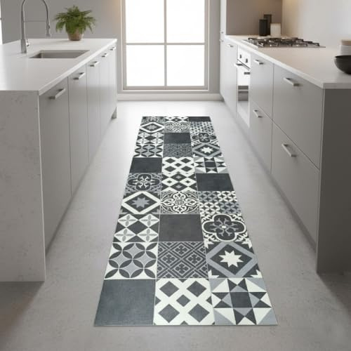 Alfombra Vinílica Antideslizante con Reverso PVC – Diseño Geométrico Blanco y Negro – Fácil de Limpiar- Cocina- Baño- (Amadora 60x100 cm)