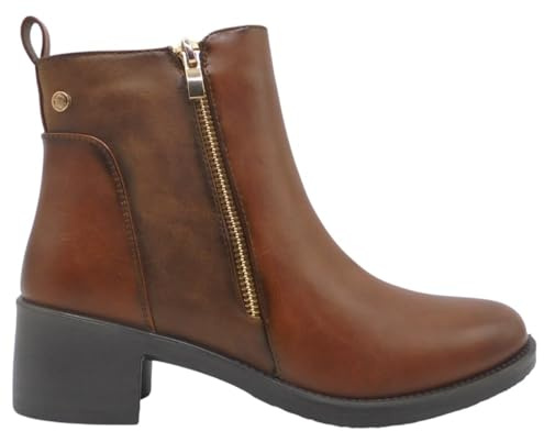 mysoft - 25M680 Botines Clásicos de Vestir para Mujer | Piel Sintética con Cremallera Lateral | Tacón Ancho 5 cm | Suela de Goma Antideslizante | Plantilla Memory Foam Extraíble MUJER color: CUERO ta