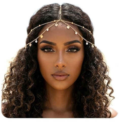 Nogeqi Collana per capelli in oro, con strass, con nappa, per festival dorati, accessori per donne e ragazze (circonferenza della testa di 55 – 60 cm)