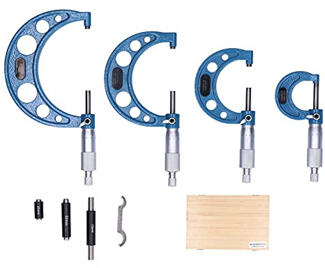 Micrómetros exteriores, juego 4 pzas (25/50 / 75/100 mm) - Precisión 0,01 mm, Aleación de Aluminio Antideslizante, Ideal para Taller y Laboratorio