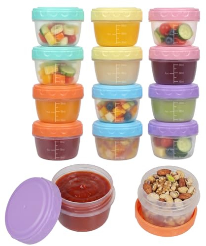 NUTKIT 12-pack små matbehållare med lock, 80 ml återanvändbara små såsgrytor, läckagesäker salladsdressing krukor behållare med graderad, stapelbar frys mellanmålslåda för vuxna och barn