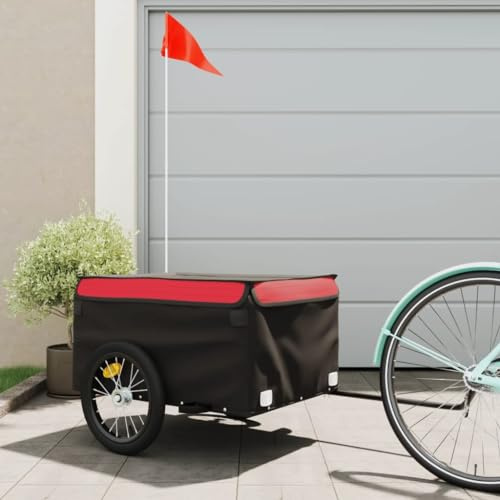 QUAHEAS Rimorchio per bicicletta nero rosso in ferro con portata di 45 kg, 124 x 62,5 x 52 cm, timone frizione e bandiera di sicurezza, ideale per trasporto carico, shopping, escursioni in bicicletta