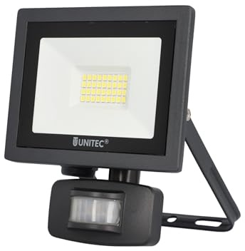 UNITEC LED-trädgårdsbelysning, strålkastare med 180° infraröd rörelsedetektor för utomhusbruk, 20 watt, 1 600 lumen, 6 500 Kelvin, vit