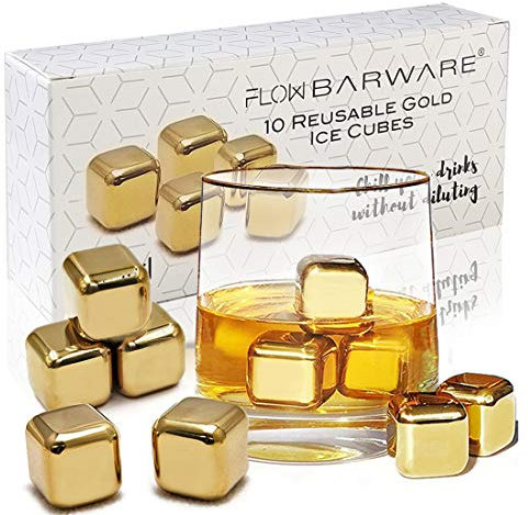 10 Oro pietre per whisky in oro realizzate in acciaio inossidabile Ice Cube Chilling Stone Rocks, cubetti di ghiaccio in metallo riutilizzabili per whisky, vino e gin e bevande toniche di FLOW Barware