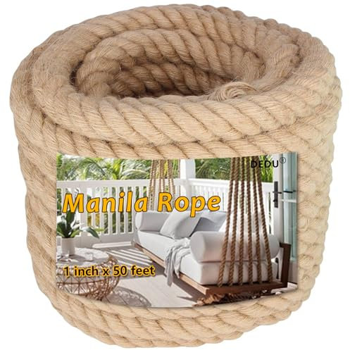 DEDU Manila Rope 1 Inch X 50 Ft, Natural Hemp Rope Twisted 4 Strand, Thick for Crafts Heavy Duty Multipurpose for Swing Bed, Camping, Tug of War, Docks, DIY Projects.