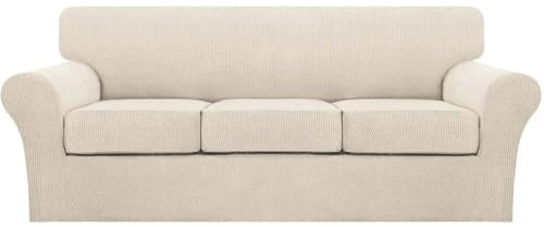 Turquoize 4 Piece Couch Cover Sofa Covers for 3 Cushion Couch Sofa Slipcovers Washable Sofa Cover for Dogs with Individual Couch Cushion Covers Feature Jacquard Fabric(3 Cushion Sofa, Biscotti Beige)