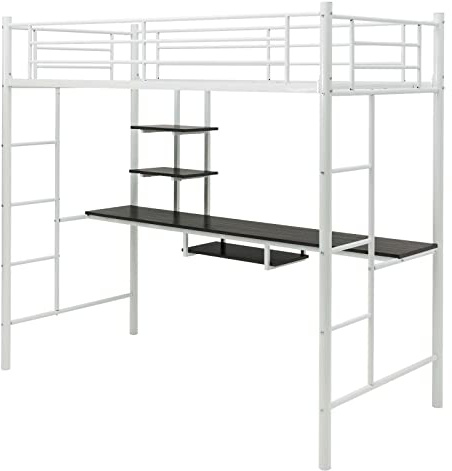 Multigot Bunk Bed with Desk, 2-Side Ladder Single Loft Bed with Open Shelves and Safety Guardrail, Metal Frame High Sleeper for Kids Teenagers Adults (White)