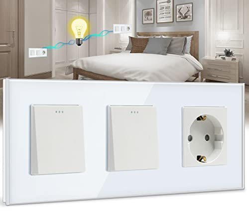 BSSED Doppel Lichtschalter mit Steckdose 1 Fach 2 Wege,10A Kristall Glas Platte Wandschalter mit 16A Schuko Steckdose Weiß, Physische Taste Schalter mit Steckdose- 228mm