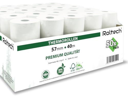 ROLTECH | 50 Thermorollen | 57mm x 40m x 12mm | BPA frei | EC Cash | Kassenrollen | Thermopapier | Bonrollen | Premium Qualität (50 Rollen)