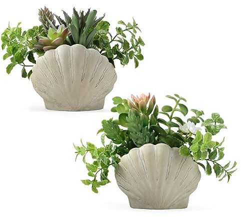 Lewondr Fake Plants Set of 2, Assorted Faux Succulents Artificial Plants with Sea Shell Pots, Artificial Greenery in Coastal Beach Decor, Ocean Seashell Series for Home Bedroom Beach Theme Party
