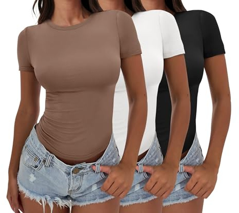 ANRABESS Women’s 3 Pack Short Sleeve Shirts 2026 Crop Tops Tight Fitted Basic Tees Workout T Shirts Y2k Clothes Summer Outfit Black White Brown Small