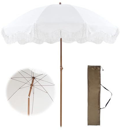 Sonnenschirm Balkon 200cm Fransen Strandschirm UV Schutz Gartenschirm Weiß Strand Sonnenschirm Wasserdicht Gartenschirm Mit Neigung Terrassenschirm Für Outdoor-Ferien Garten Rasen Hinterhof