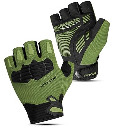 KUTOOK Fahrradhandschuhe MTB Mountainbike Fahrrad Handschuhe Herren Damen Sommer mit 5mm Palm Pad TPR SCR Protect Touch-Screen Atmungsaktiv Elastisch rutschfest Stoßdämpfend Grün L