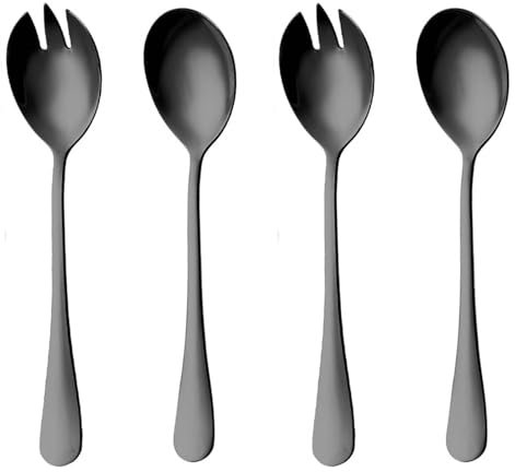 4 posate da insalata da 4,5 x 19,5 cm, colore nero, posate da insalata di medie dimensioni, 2 cucchiai da insalata e 2 forchette da insalata, lucidate e rivestite in acciaio inox per ristorante, hotel