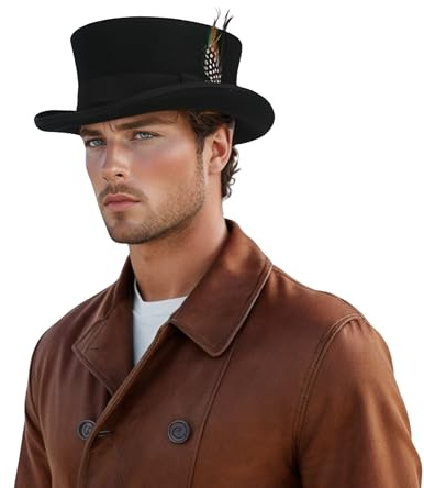 hatsXcaps Wool Felt Mini Top Hat for Men & Women, Classic Short Crown Victorian Topper Hat with Satin Lining & Removable Feather, Black Formal Ascot Wedding Christmas Costume Hat