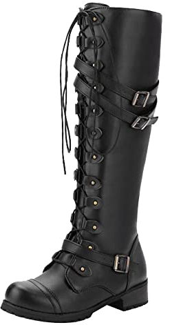 Bottes hautes pour femme | Bottines à talon bas et épais avec fermeture éclair latérale - Chaussures chaudes d'extérieur à lacets avec boucle de ceinture cloutée - Chaussures d'hiver souples