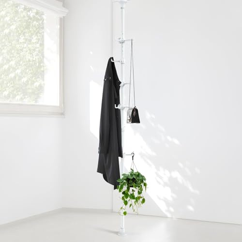 DAKEPOLE Perchero, 140 cm hasta 310 cm, perchero ajustable blanco con 12 ganchos para colgar abrigos, chaquetas, sombreros, bufandas, percheros, adecuado para salón, balcón, cocina