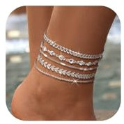 Nelytiya 5 Stück Silber Fußkettchen Für Damen anklet Wasserdicht Edelstahl Fussketten Set Strand Verstellbares Fußkettchen Für Frauen