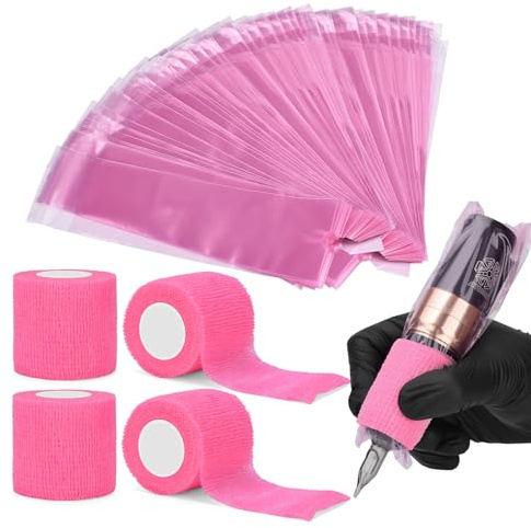 BAMTTOO 200PCS Tatueringspenna täcker med självhäftande remsa 4PCS Tatueringsgrepp Wrap Bandage Tatueringsmaskin Väskor Tatueringstillbehör (rosa, 200 st väskor + 4 st tejp)