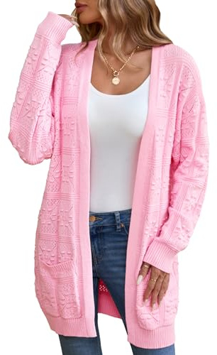 Famulily Crochet Long Sleeve Cardigans for Women Hollow Out Sweater Outerwear Casual Long Cardigans (M, Pink)