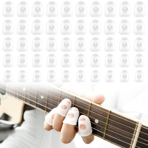 TMZELOA 50 stycken fingerskydd, set av silikon i 5 storlekar för gitarr, ventilerande fingerskydd med anti-halk-fingerhatt för exakt spel, transparenta fingerkåpor för nybörjare och musiker
