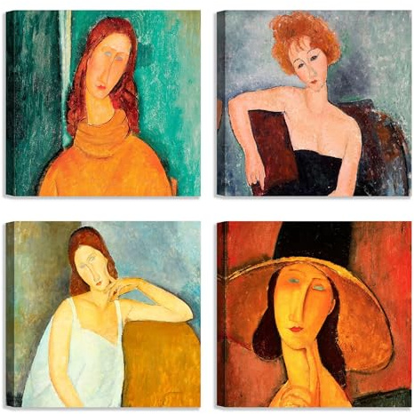 LuxHomeDecor Set di 4 quadri 30x30 cm – stampa su tela con telaio in legno – ritratti femminili espressionisti - Amedeo Modigliani
